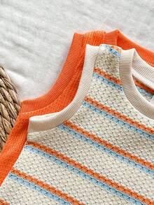 SHEIN Vintaside Kids Infant Boy's Fashionable Striped Waffle Design Sleeveless Vest 2 Pieces Set, Summer - Orange - View 5