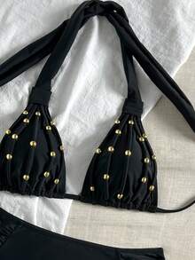 Bộ bikini hai mảnh kiểu yếm thanh lịch, thoải mái dành cho nữ, thích hợp cho kỳ nghỉ, đi biển, tiệc bể bơi, làm thủ công bằng dây thừng. - màu đen - Xem 6
