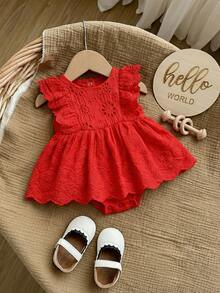 Newborn Baby Girl Cute Vacation Casual White Embroidered Floral Ruffle Romper - Red - View 3