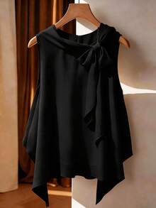 Franclia 大码不对称下摆蝴蝶结无袖雪纺上衣，时尚度假风，春夏款 - 黑色 - 查看 1