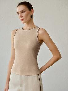 MOTF PREMIUM CAMISETA DE TIRANTES ELEGANTE Y VERSÁTIL DE PUNTO DE CANALÉ BLANCO CON CONTRASTE PARA MUJER - Caqui - Ver 5