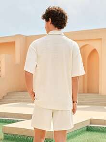 ZELFYO Men's Solid Color Shirt And Shorts Beach Outfit - Beige - View 4