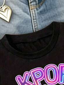 3pcs/Set Young Girl Round Neck Cartoon Letter Print Casual Versatile Tops - Multicolor - View 3