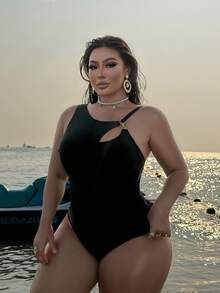 Swim Vcay 大码女式纯色镂空连体泳衣 - 黑色 - 查看 3