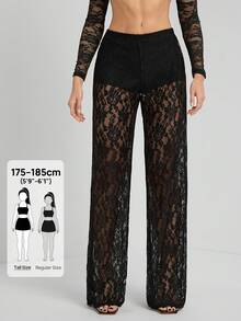 SHEIN X Scot Louie SHEIN Tall Women's Solid Color Lace Sheer Long Pants - Black - View 1