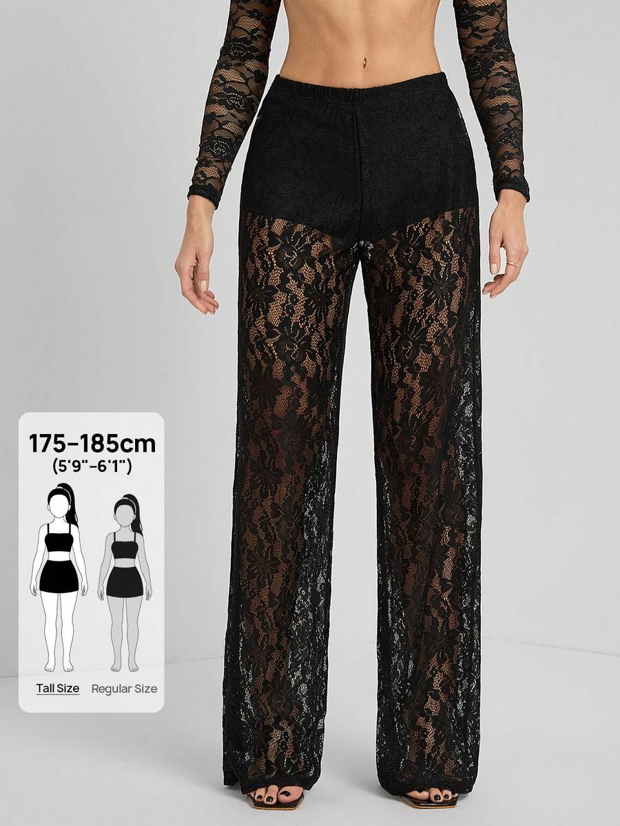 SHEIN X Scot Louie SHEIN Tall Women's Solid Color Lace Sheer Long Pants - Black - View 1
