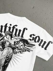 StoneGrade 男士圆领天使字母印花休闲百搭日常穿着T恤 - 白色 - 查看 3