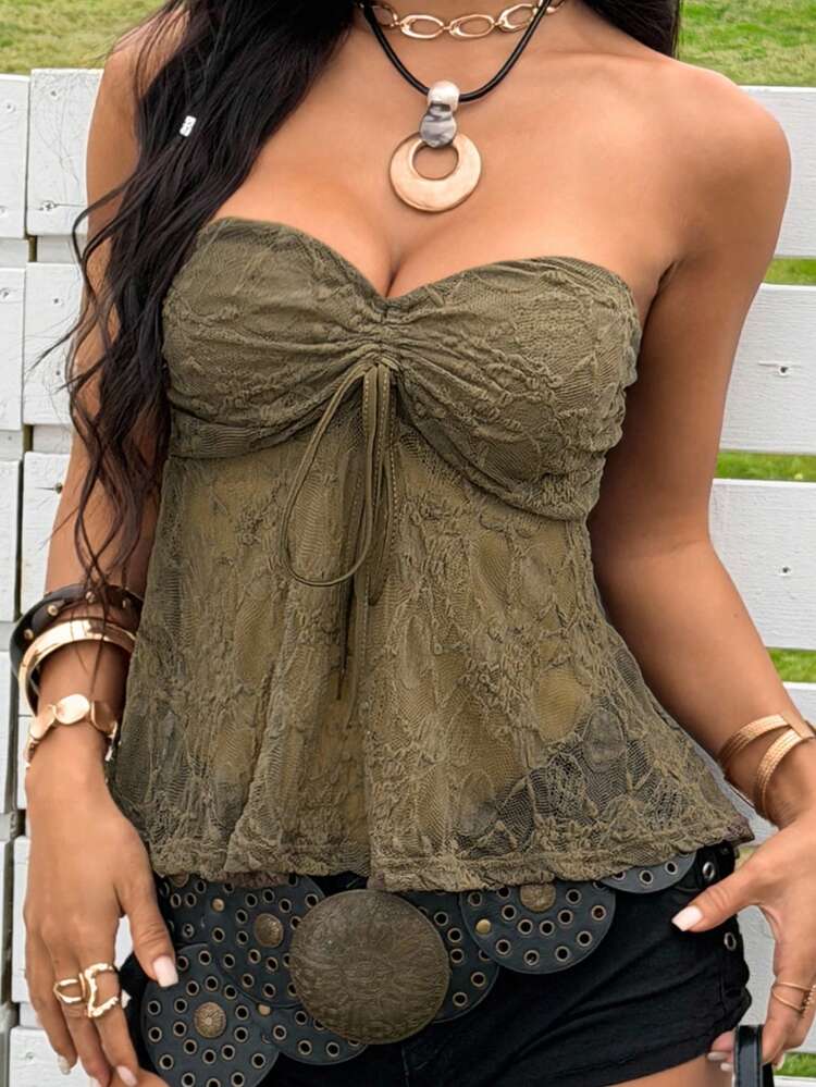 SHEIN EZwear Áo ống babydoll ren màu trơn, kiểu dáng gợi cảm mùa hè dành cho nữ, thích hợp đi nghỉ mát ở bãi biển, có dây rút và nhún bèo. - Màu xanh Ô liu - Xem 6