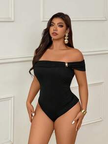 SHEIN Clasi CURVE Plus Size Women's Metal Decor Off Shoulder Ruched Bodysuit - Black - View 5