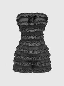 ROMWE Grunge Punk Summer Outfits Plus Size Women Y2K Harajuku Chic Black Solid Color Multi-Layer Ruffle Trim Cake Mini Romper - Dark Grey - View 1