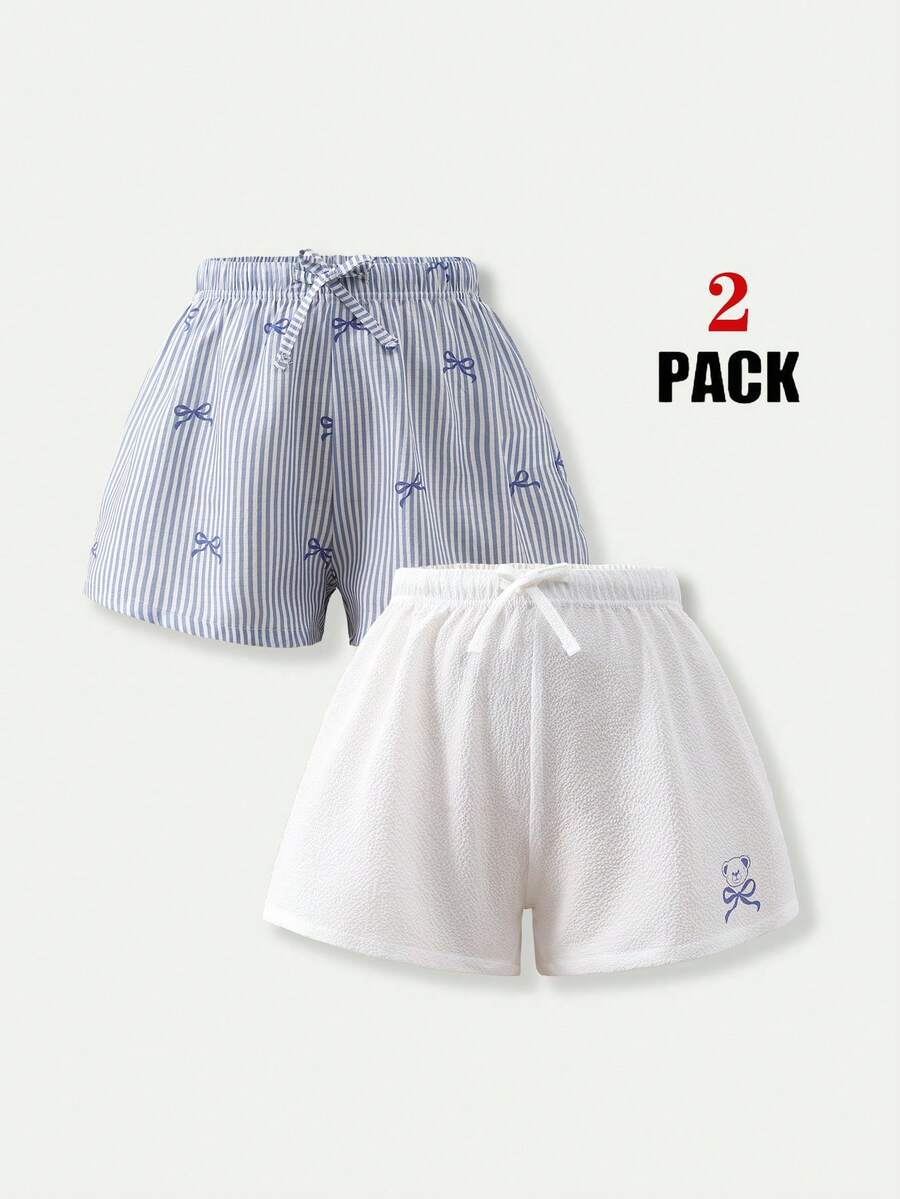 Casuvi Kids 2件套少女休闲条纹宽松短裤,适合春夏海滩、度假、居家穿着 - 藍白色 - 查看 1