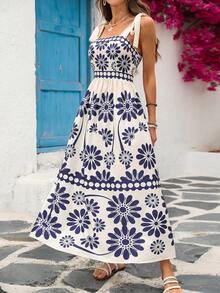 Vivid Eden 女士优雅浪漫印花沙滩度假吊带蓝色连衣裙，春夏款 - 藍白色 - 查看 10
