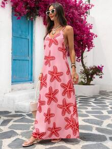 Vivid Eden 女士度假休闲海星印花露背吊带连衣裙 - 粉色 - 查看 8