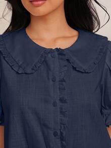 2026 Vestido bohemio mini de línea A con manga corta abullonada, cuello con volantes, abotonado, 100% algodón, para rodeo de Nashville, vacaciones, lindo atuendo para brunch - Azul marino - Ver 6