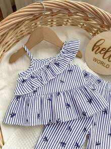SHEIN 2pcs Baby Girl Woven Striped Ruffle Trim Camisole Top And Long Pants Set - Blue - View 6