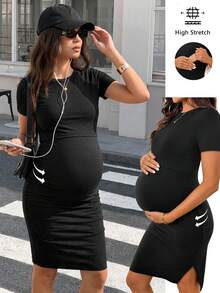 SHEIN Vestido de lactancia de unicolor ajustado y casual para el verano - Negro - Ver 1