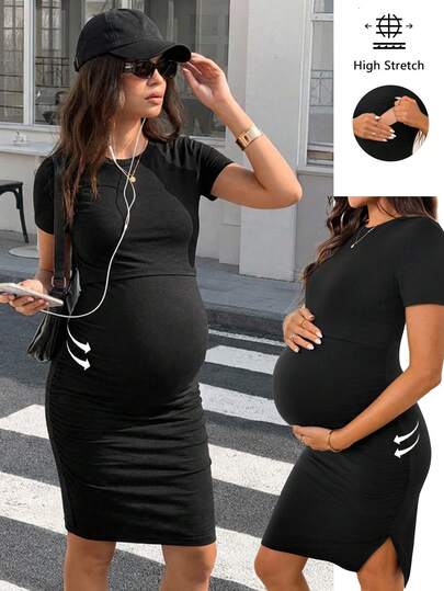 SHEIN Maternity Casual Solid Color Fitted Nursing Dress For Summer,Loungewear,Sleepwear,Sleepwear Set,Pajama Dress
