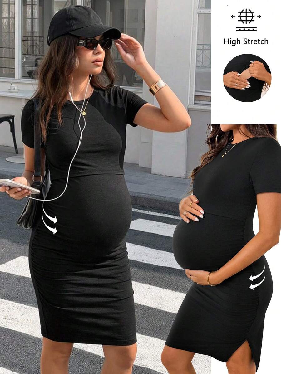 SHEIN Vestido de lactancia de unicolor ajustado y casual para el verano - Negro - Ver 1