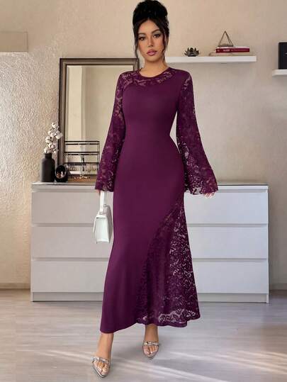 Rafferiza Women's Arabic Style Dress, African Style Dress, German Traditional Style Dress, High Stretch Knit Patchwork Hollow-Out Lace Solid Color Fitted Round Neck Asymmetric Hollow-Out Neck Backless Waist Fitted Flare Sleeve Super Large A-Line Patchwork Hollow-Out Lace, Elegant Sexy Luxurious Romantic Casual Commuting Spring Summer Maxi Dress