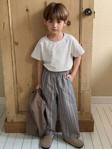 DAZY Young Boy Drawstring Waist Striped Pocket Wide Leg Loose Pants - Blue - View 5