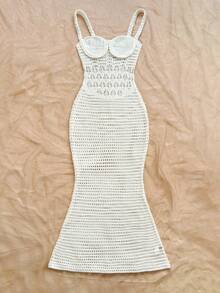 Soleia Women's Solid Color Hollow Out Knit Slip Dress, Suitable For Beach Vacation - White - View 4