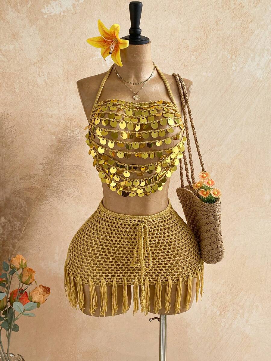 Soleia Women's Gold Mesh Sequin Halter Neck Tie Top And Fringe Shawl Skirt Set - Gold - View 1