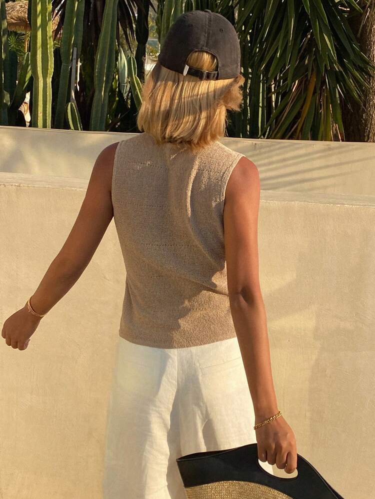 Women's Sleeveless V-Neck Fitted Waist Thin Knit Vest Cardigan, Elegant & Formal, Summer
