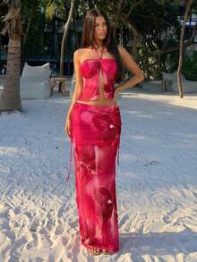 SHEIN ICON Bộ đồ mùa hè gợi cảm dành cho nữ, thích hợp đi nghỉ mát, dự tiệc, dạ hội, in hoa thanh lịch, gồm áo hai dây hở lưng và chân váy ngắn ôm sát. - Nhiều màu - Xem 4