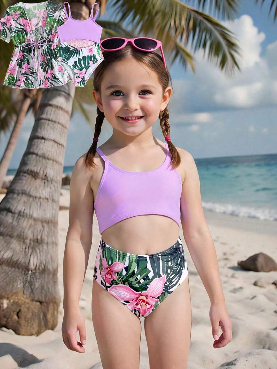 SHEIN Young Girl Floral Print Patchwork One-Piece Swimsuit And Long Robe, Purple Patchwork Tropical Floral Print Swimsuit + Matching Color Cardigan With Drawstring Thin Breathable Beach Sunscreen Cover-Up Two-Piece Set - Purple - View 1