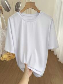 SHEIN EZwear 大碼素色落肩T恤 - 白色 - 查看 8
