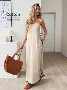 Easowa Đầm slip 100% cotton phối màu tương phản, dáng chữ A dài đến mắt cá chân, không tay, kiểu dáng thoải mái, thanh lịch, thích hợp cho nữ đi làm, đi nghỉ mát, mùa xuân/hè. - Màu be - Xem 4