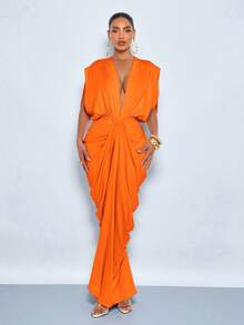 女士优雅柔粉色深V领褶皱修身连衣裙，优雅派对晚宴长裙，宴会完美之选 - 橘色 - 查看 8