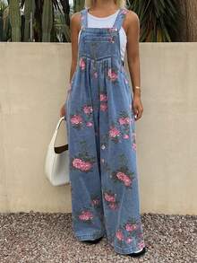 Bộ jumpsuit denim dáng rộng, in hoa, xếp ly, ống rộng, thoải mái dành cho nữ. - Màu xanh lam - Xem 1