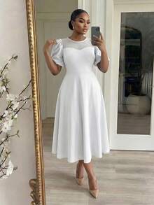 SHEIN Lady Chic Plus Size White Puffy Sleeve Midi Dress For Women With Sheer Neckline - White - View 5