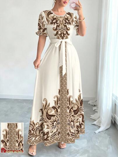 Modelyn Đầm dài nữ in hoa thanh lịch, cổ tròn, tay ngắn, thích hợp cho kỳ nghỉ.