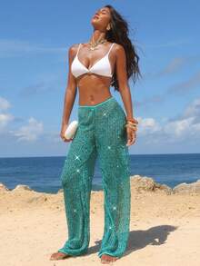 Opulessa Women's Summer Vacation Beach Sequin Cover-Up & Pants Set - Mint Green - View 7