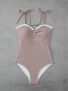 Swim Mod 女士性感紧身假日条纹休闲连体泳衣万圣节商店庆祝活动夏季海滩度假 - 棕色 - 查看 4