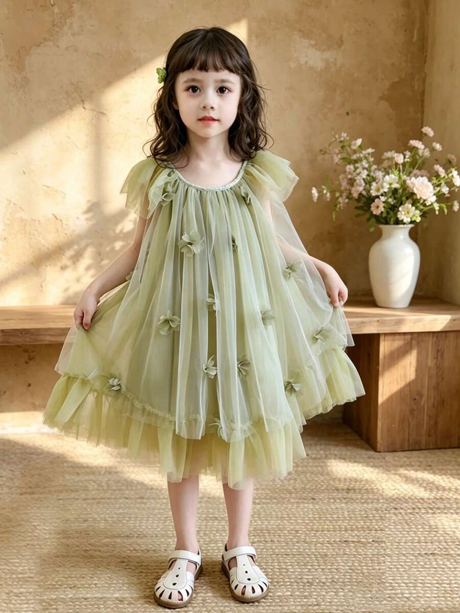 Glamorique Kids Young Girl Summer Elegant Mesh Applique Round Neck Dress - Green - View 1