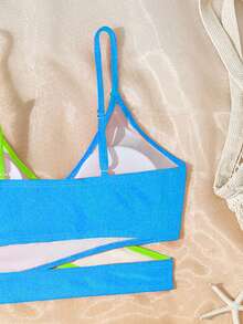 少女比基尼套装，蓝绿拼接罗纹交叉挂脖两件式泳衣，时尚休闲优雅泳装，适合游泳、海滩、泳池、夏季度假等场合。 - 彩色 - 查看 5