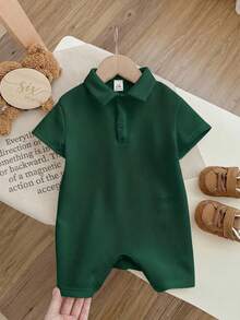 SHEIN Newborn Baby Boy/Girl Soft Casual Knit Romper,Dark Green,Summer,Family Matching,Short Sleeve Comfortable Polo Jumpsuit For Party,Wedding,Baby Shower - Green - View 4