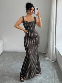 Elenzga 优雅复古波点露背拼接蝴蝶结鱼尾连衣裙，适合约会和派对，尽显优雅迷人气质。 - 彩色 - 查看 6