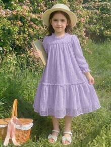 Vintaside Kids Đầm công chúa dáng rộng thanh lịch cho bé gái, cổ bèo nhún, tay phồng, thêu họa tiết và viền hai lớp, thích hợp cho kỳ nghỉ, du lịch, dự tiệc, làm quà tặng, mùa xuân và mùa thu. - Màu tím - Xem 2