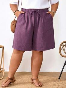 SHEIN CURVE+ Quần short nữ cỡ lớn màu đen có dây rút ở eo, túi, chất liệu vải lanh, kiểu dáng thường ngày, thích hợp mặc mùa hè, trang phục mùa xuân cho nữ, trang phục đi nghỉ mát, trang phục mùa hè/đồng quê/bãi biển cho nữ, trang phục đi biển. - Màu tím - Xem 1