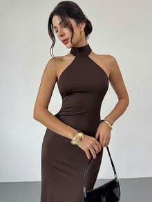 Firerie 女士优雅精致浪漫约会派对舞会婚礼宾客情人节露背蝴蝶结修身黑白长裙，秋冬款 - 棕色 - 查看 3