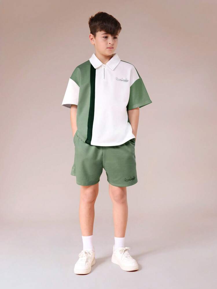 Color Block Polo Shirt And Shorts Set