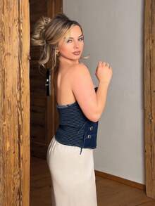 Jeta Ari Áo ống denim bó sát thời trang thiết kế khóa cài dành cho nữ - Rửa tối - Xem 6