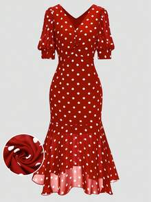 Plus Size Women's Polka Dot Print V-Neck Mid-Sleeve Mermaid Hem Fitted Elegant Dress - Red - View 8
