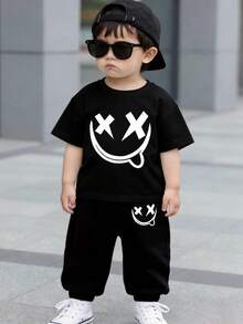 2件套婴儿/幼儿男童可爱印花黑色休闲圆领短袖T恤和裤子套装，夏季运动服，6个月-3岁 - 黑色 - 查看 3