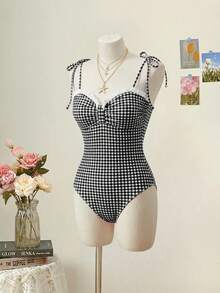 SHEIN MOD 女士荷叶边格子印花扭结肩带连体泳衣 - 黑與白 - 查看 3