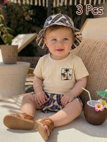 SHEIN 2件套男女宝宝撞色条纹图案度假风短袖T恤短裤套装，含遮阳帽，春夏款 - 藏蓝色 - 查看 3